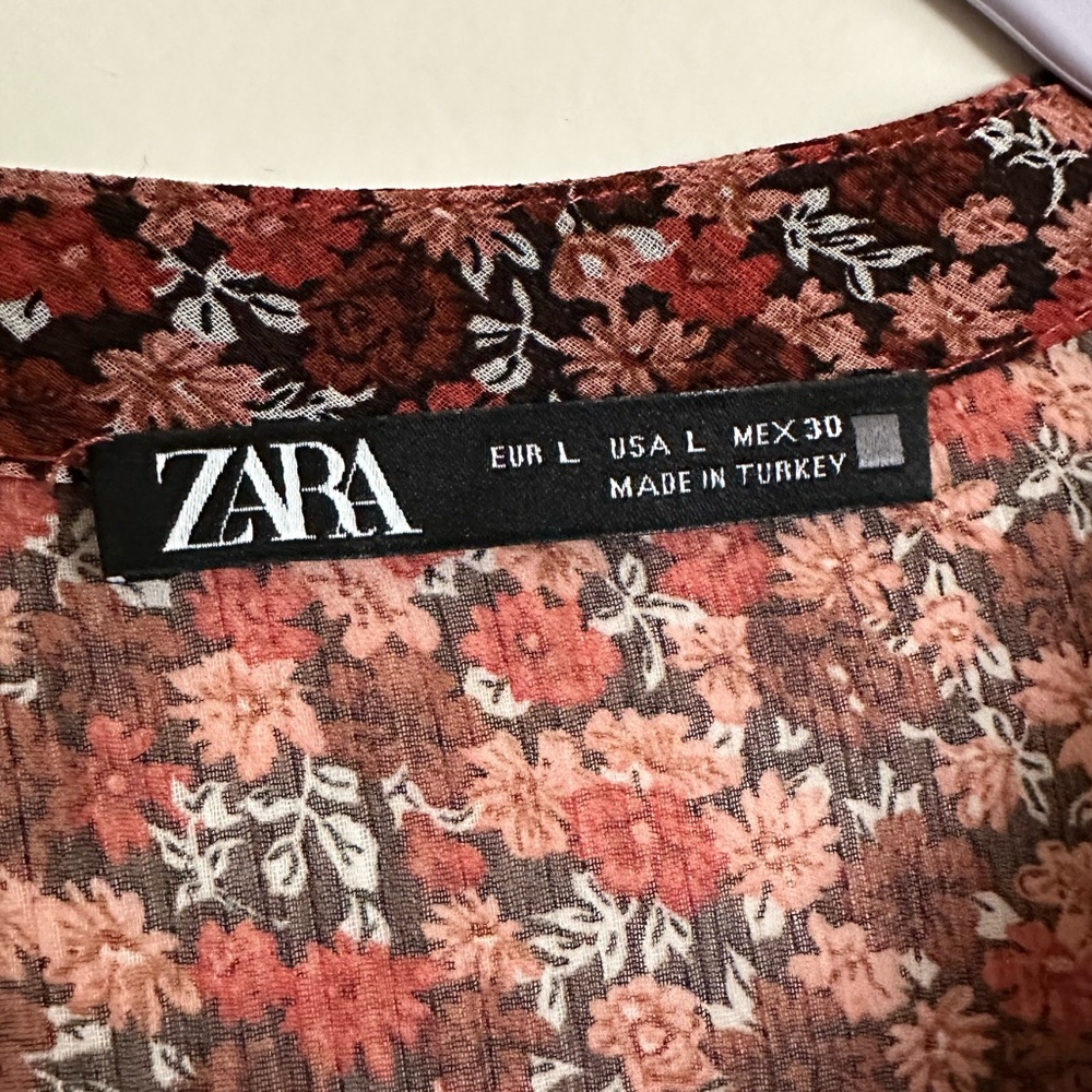 Zara | Red Floral Long Sleeve V-Neck Midi Dress Women’s Size L - Picture 4 of 5